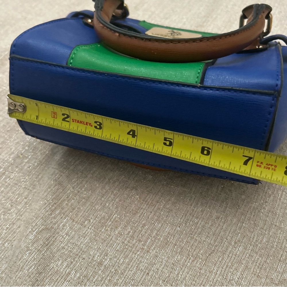 U.S. Polo Assn Satchel Handbag Blue w/Green Stripe Brown Handles Gold Hardware - Picture 14 of 14